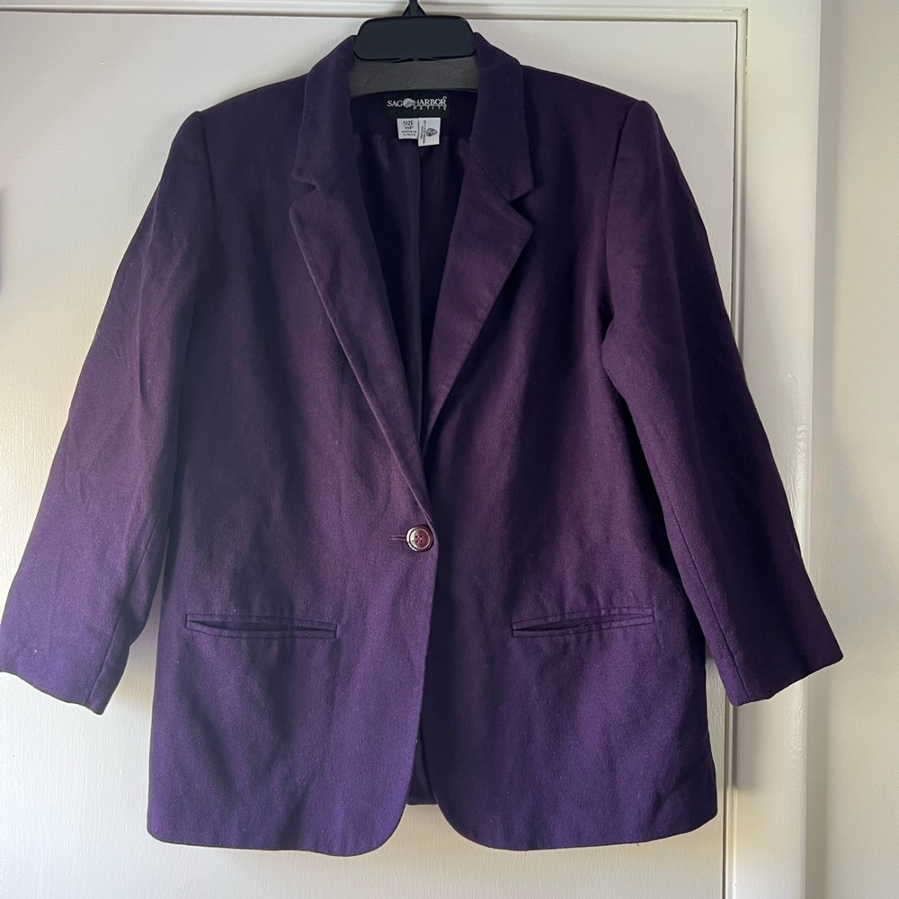 Sag Harbor Vintage 100% Wool Dark Royal Purple Single Button Blazer 10 Petite